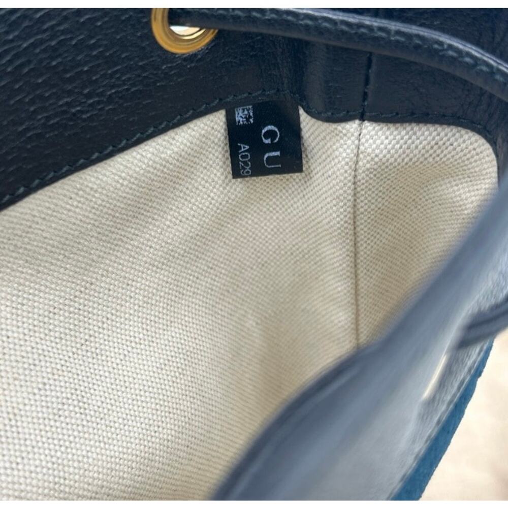 Women's Gucci OPHIDIA blue velvet bucket bag with leather trim, and web stripe - Picture 12 of 16